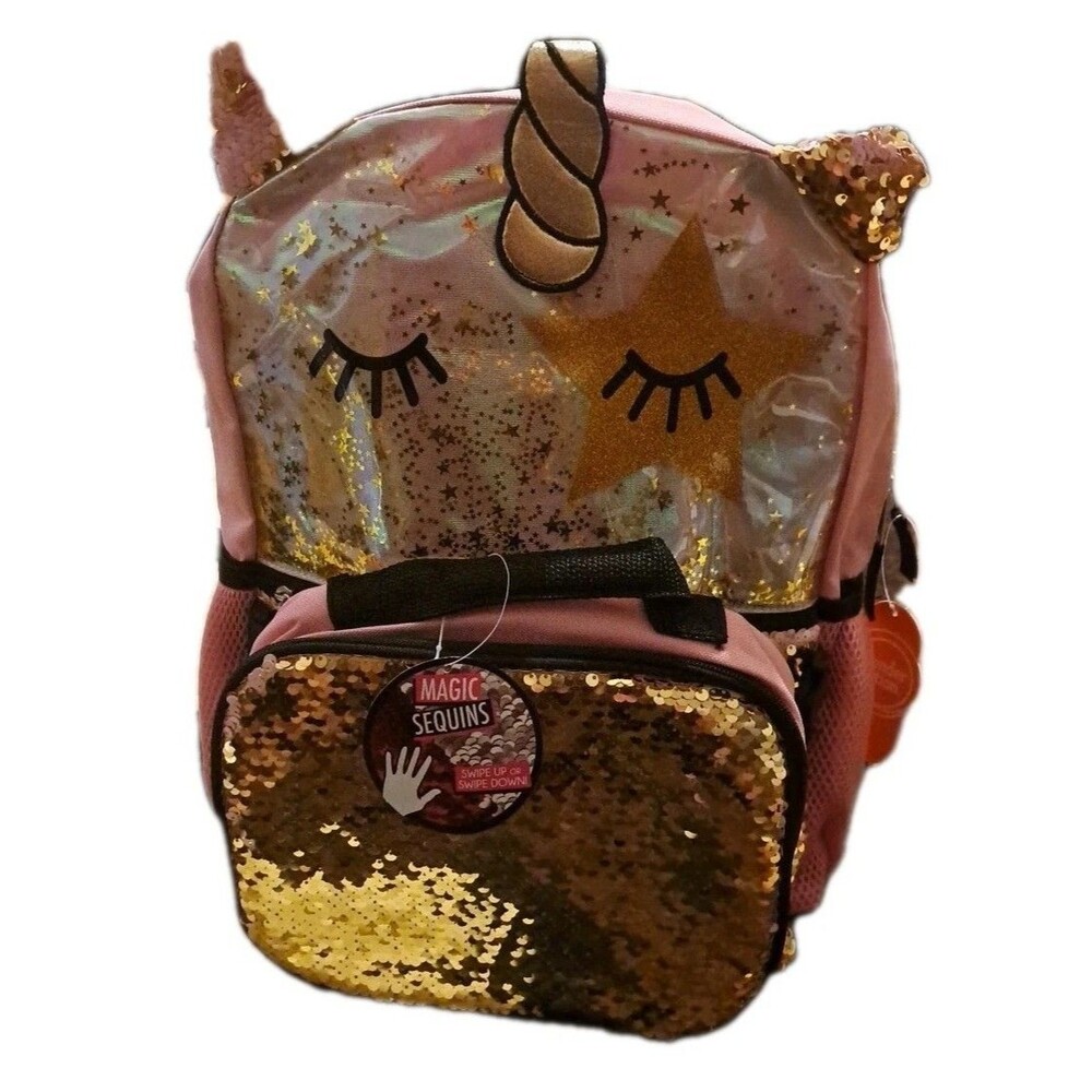 Pink Sparkle Unicorn 16" Backpack Set School Lunch Bag Sequin Wonder Nation New